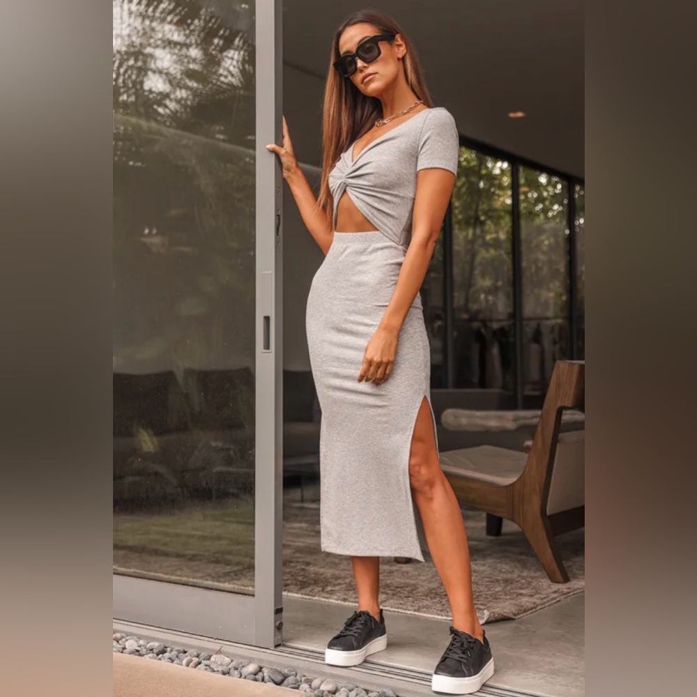 Lulus Heather Grey Twist Front Cutout Midi Dress